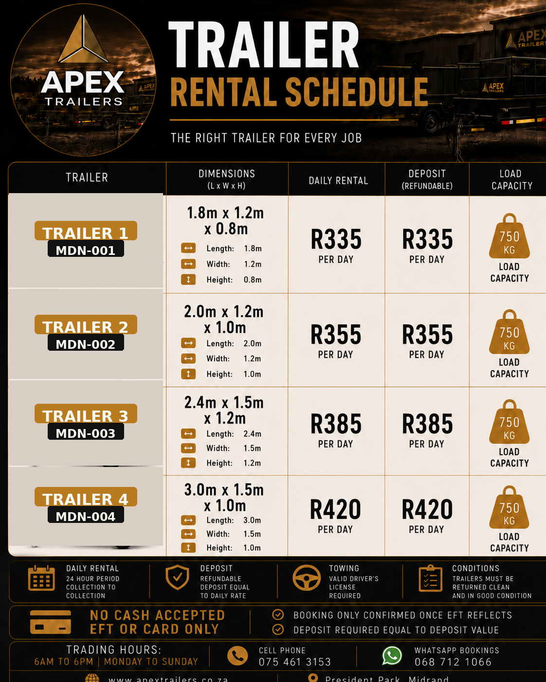 Apex Trailer Rental Schedule with four current hire rates